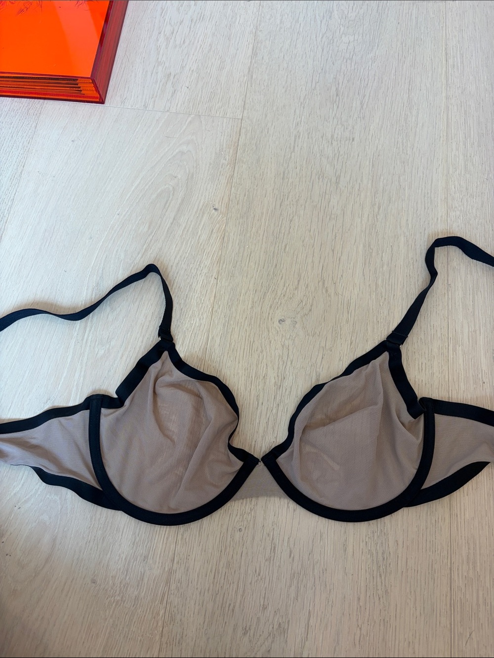 CUUP Sheer Mesh Underwire Bra in Nude with Black Trim